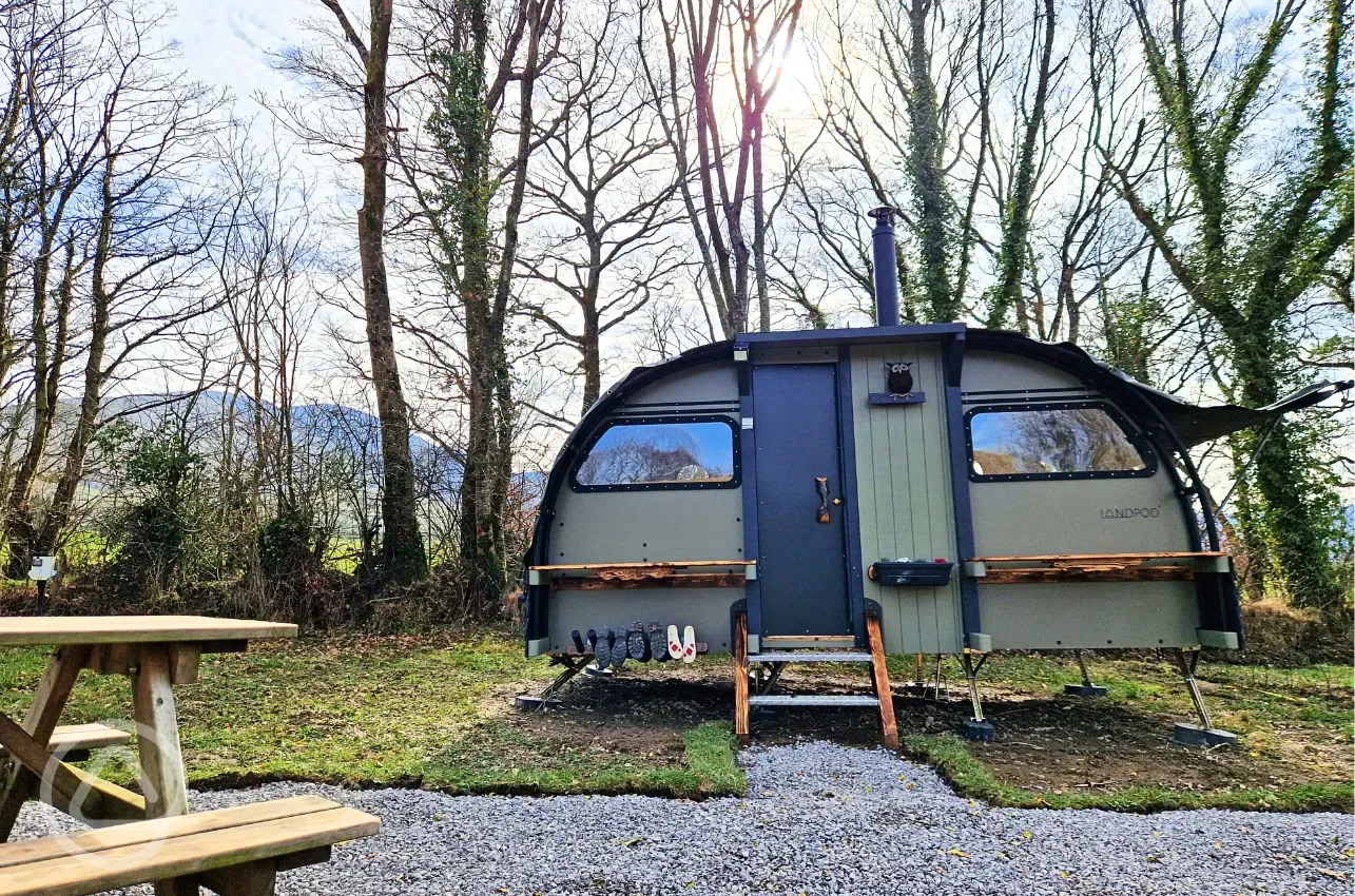 Foot O'Skiddaw large Landpod with shoe hooks, a picnic bench, and small steps
