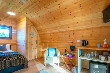 Porth Neigwl ensuite glamping pod interior Porth Neigwl ensuite glamping pod interior