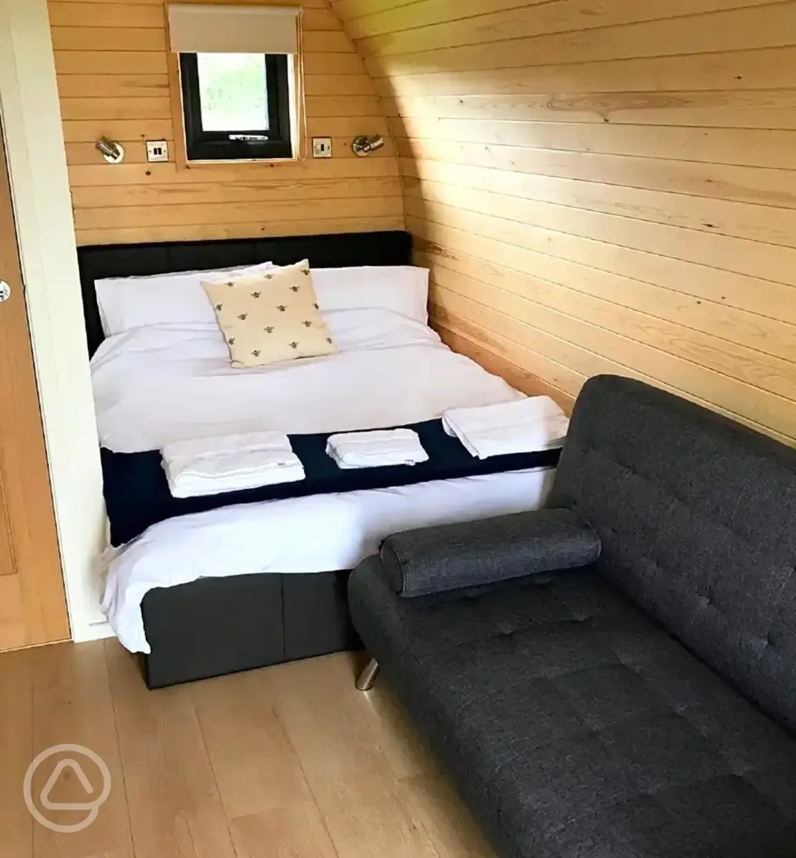 Glamping pod double bed and double sofa bed for kids