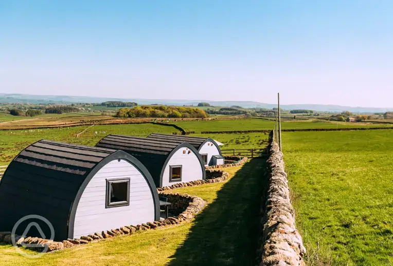 Glamping pods and countryside views