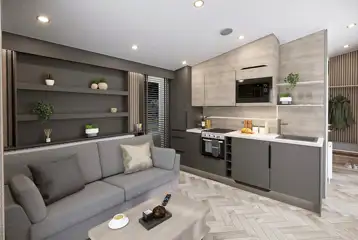 Deluxe ensuite glamping pods with a double sofa bed and kitchen