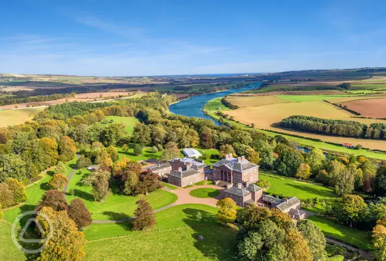 Aerial of Paxton House with views to the River Tweed