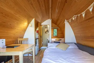 Four person pod with a double bed and double soda bed (bring own bedding) Four person pod with a double bed and double soda bed (bring own bedding)