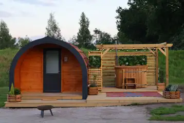 Heated camping pods with hot tub (wood view)