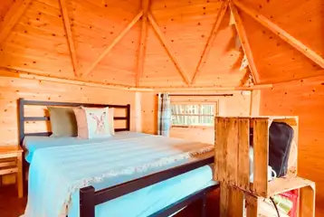 Hyssop glamping cabin interior with bunting
